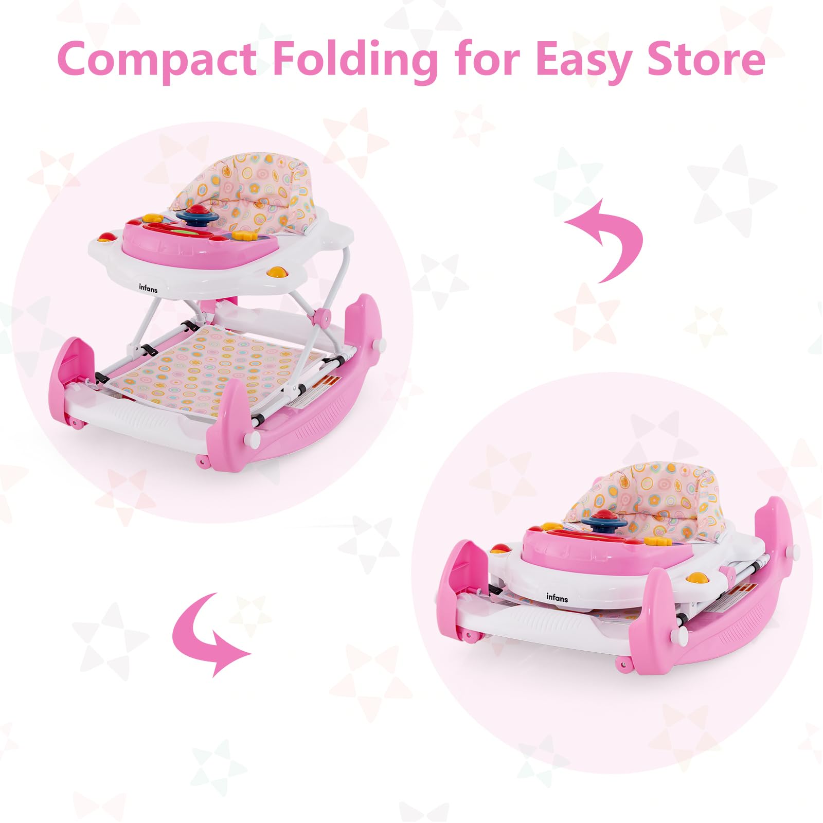 INFANS Baby Walker, 5 in 1 Behind Walker Learning Seated Rocker Bouncer with Removable Music Tray, Adjustable Height, Washable Seat Cushion, Foldable Activity Center for Toddlers (Pink)