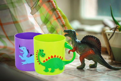 Plastic Dinosaur Mugs, Assorted Colors And Designs, Unique Table Decorations Party Favor (4-Pack)