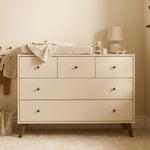 dadada Austin 5-Drawer Dresser for Nursery and Bedroom - Modern Design, Large Storage, Baby-Safe Finish, Soft Close Drawers, Anti-Tip Safety, Solid Wood Feet, Durable Construction (Almond Milk+Walnut)