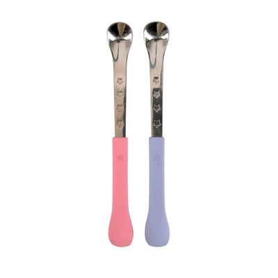 Nuby 2 in 1 Silicone and Stainless Steel Dual Ended Feeding Spoons for Baby, Purple/Pink