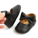 LAFEGEN Baby Girls Mary Jane Flats with Bownot Non Slip Soft Sole PU Leather Newborn Infant Toddler First Walker Cirb Dress Shoes, 6-12 Months Infant, 07 Black