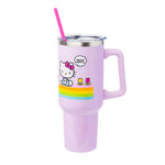 Silver Buffalo Sanrio Hello Kitty Spring and Summer Flowers Rainbow Stripes Stainless Steel Tumbler with Handle and Straw, Fits in Standard Cup Holder, 40 Ounces