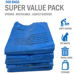 Baby Diaper Bag Disposable (500 Count, Blue) Fresh Baby Powder Scented Easy Tie Handles Bulk Diaper Sacks Disposable Dog Poop Bags Cat Litter Clump & Poop Bags Sanitary Pads Disposal Bags (500 Bags)