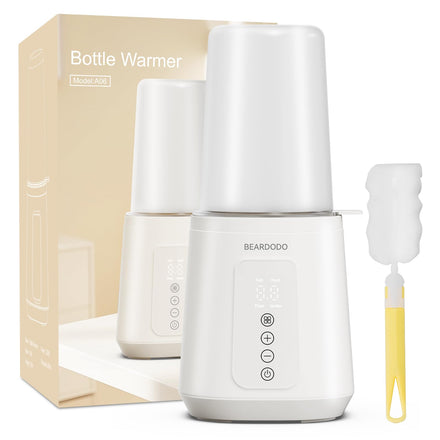 White bottle warmer with packaging and a yellow tool on a white background