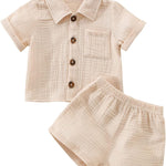 Baby Boys Clothes Set Toddler Infant Boys Button-down Shirt Tops + Cotton Gauze Shorts Summer Outfit 2PCS with Pockets