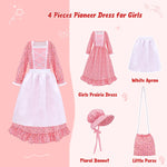 Meland Pioneer Dress for Girls - Colonial Floral Costume with Bonnet, Apron & Purse, Pionner Outfit for Girls 3-12 Years