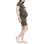 Motherhood Maternity Women's Crewneck Short Sleeve Side Ruched Ribbed Bodycon Mini Pregnancy Dress, Deep Depths, Medium