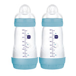 Two baby bottles with blue caps and measurement markings on a white background
