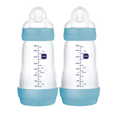 Two baby bottles with blue caps and measurement markings on a white background