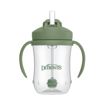 Green sippy cup with straw and Dr. Brown's logo on a white background