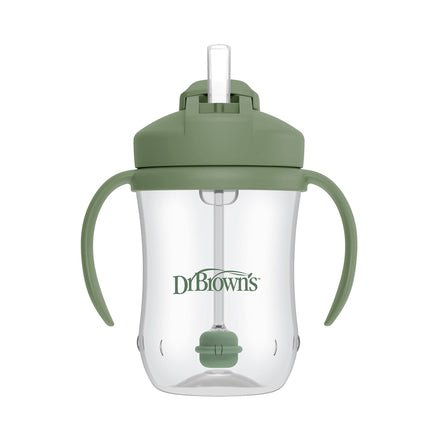 Green sippy cup with straw and Dr. Brown's logo on a white background