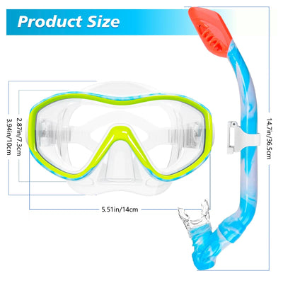 Snorkel Set for Age 5-15 Dry Top Snorkeling Gear for Kids, Diving Mask and Snorkel Set Swimming Goggles with Nose Cover for Kids Youth Boys Girls Junior (Blue+Green)