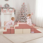 MOOZHEALTH Toddler Foam Climbing Blocks|Modular Kids Soft Play Couch Sofa with 2 Ottomans Indoor,Baby Crawling & Sliding Foldable Soft Play Set with Stair,Beige & Pink
