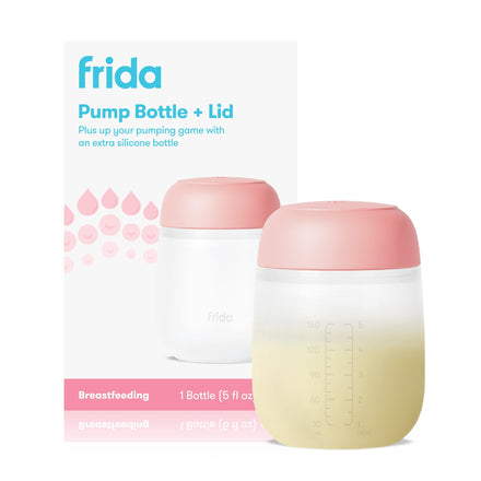 Frida pump bottle with pink lid and packaging on a white background