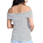 Motherhood Maternity Women’s Off-The-Shoulder Rib Knit Pregnancy Top, White/Black Stripe, Medium