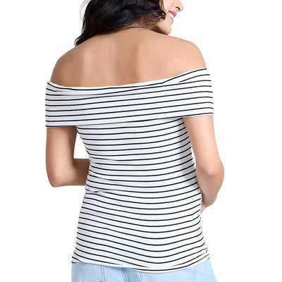 Motherhood Maternity Women’s Off-The-Shoulder Rib Knit Pregnancy Top, White/Black Stripe, Medium