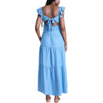 Motherhood Maternity Women's V-Neck Babydoll Ruffle Sleeve Tie-Back Maternity Maxi Pregnancy Dress, Chambray, Small