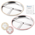 Bakpoco Stainless Steel Baby Plate with Suction, 9” Divided Toddler Plates with Removable Silicone Sleeves for Kids, Non-Toxic Non-Slip Unbreakable Dishwasher Safe Dinnerware Set of 2, Pink & Beige