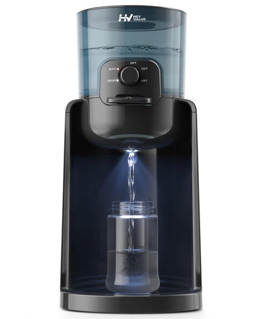 Black water dispenser with a clear container on a white background
