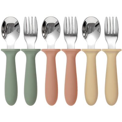 Eascrozn 6 Pack Toddler Utensils, kids Silverware with Silicone Handle, 18/8 Stainless Steel Children Safe Spoons and Forks Set Baby Feeding Essentials, Dishwasher Safe