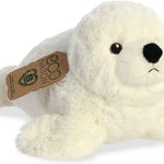 Plush seal toy with a visible brand tag on a white background