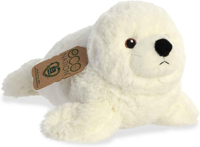 Plush seal toy with a visible brand tag on a white background