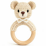Wooden Baby Rattle, Handmade Crochet Stuffed Animal Organic Rattle Toys, Beige Bear Rattles for Babies 0-6-12 Months with Wood Teething Rings, Baby Announcements Ideas