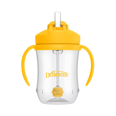 Clear sippy cup with yellow lid and handles on a white background