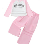 Kucnuzki Little Girls Clothes 6 7 Year Old Girl Clothes Long Sleeve T-Shirt Fall Tops New York T Shirt High Waist Long Pants Pink Cargo Pants Kids Clothing