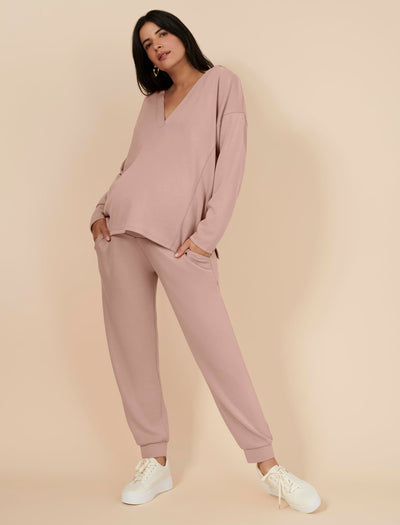 Motherhood Maternity Women's Long Sleeve V-Neck Scuba Pullover Nursing Hoodie, Brush, X-Large