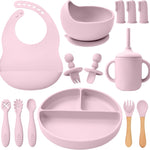 Silicone Baby Feeding Set 14 Pcs,Baby Led Weaning Supplies, Baby Spoons Suction Bowl Divided Plate Bib Cup Finger Brush,First Stage Solid Food Eating Utensils - 6+ Months(Blue Gray)