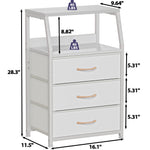 Furnulem White Nightstand with 3 Drawers and 2-Tier Shelf, Small Night Stand End Table Side Furniture, Fabric Storage Organizer for Bedroom, Closet, Hallway, Nursery, Sturdy Steel Frame, Wood Top