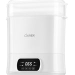 White Larex baby bottle sterilizer with digital display on a white background
