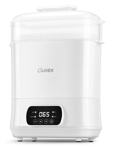 White Larex baby bottle sterilizer with digital display on a white background