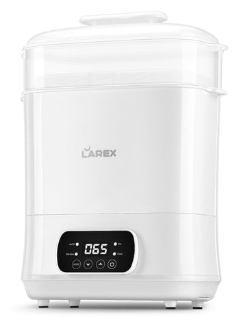 White Larex baby bottle sterilizer with digital display on a white background