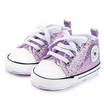 KKIIDDSS Unisex Baby Girls Boys Canvas High-top Shoes, Newborn Infant Anti-Slip Soft Sole Frist Walking Sneakers (B01/Sequin Purple, 6-12 Months)