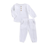 KtwHarnu Toddler Baby Boy Girl Clothes Cotton Linen Long Sleeve Button Pullover Tops Drawstring Pants Set Casual Outfit (White, 2-3 Years)