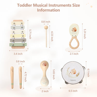 Baby Musical Instruments Set Wooden Montessori Musical Toys for Toddlers Neutral Colors Percussion Instruments Set with Modern Boho Xylophone Tambourine Educational Musical Toys for Preschool Kids