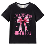 PATPAT Girls T Shirts Size 5-6 Years, Black Bow Print Graphic Tees, Crew Neck Short Sleeve Shirts Kawaii Clothes Cute Outfits Cute Tops