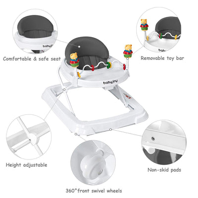 BABY JOY Baby Walker, Foldable Activity Walker with Adjustable Height, Large Tray & Removable Toys, Baby Walker with Wheels for Boys Girls 6-18 Months (Gray)