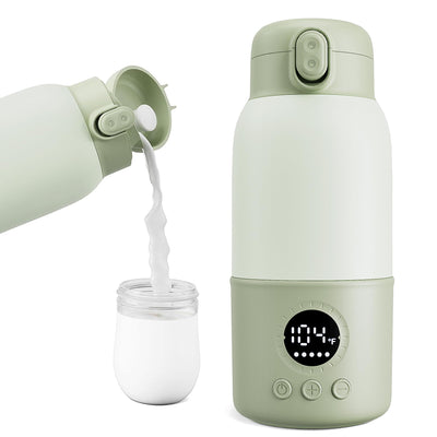 Green electric milk heater pouring milk into a glass jar on a white background