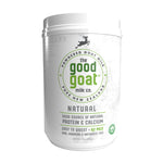 Container of 'The Good Goat' powdered goat milk on a white background