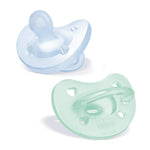 Chicco PhysioForma Silicone Orthodontic Pacifier for Babies 0-6m, One-Piece 100% Soft Silicone, Supports Breathing, Satin-Textured Nipple, Included Sterilizing Case, BPA Free, 2-Pack, Light Blue/Green