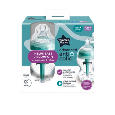 Tommee Tippee Baby Bottles, Advanced Anti-Colic Baby Bottle with Slow Flow Breast-Like Nipple, 9oz, 0m+, Self-Sterilizing, Baby Feeding Essentials, Pack of 2
