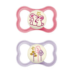 Two baby pacifiers with pink and purple shells on a white background