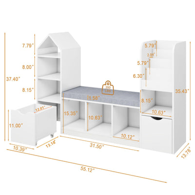Kids Bookcase with Reading Nook, Bench Kids Bookshelf with 7 Storage Cubbies and 2 Movable Drawers, Multi-Purpose Toy Storage Organizer with Seat Cushion for Playroom, Bedroom, Living Room, White