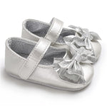 LAFEGEN Baby Girls Mary Jane Flats with Bownot Non Slip Soft Sole PU Leather Newborn Infant Toddler First Walker Cirb Dress Shoes, 0-6 Months Infant, 14 Silver
