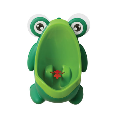 Green frog-shaped potty with white eyes on a white background