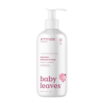 Body lotion bottle labeled 'baby leaves' with 'Attitude' branding on a white background