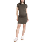 Motherhood Maternity Women's Crewneck Short Sleeve Side Ruched Ribbed Bodycon Mini Pregnancy Dress, Deep Depths, Medium